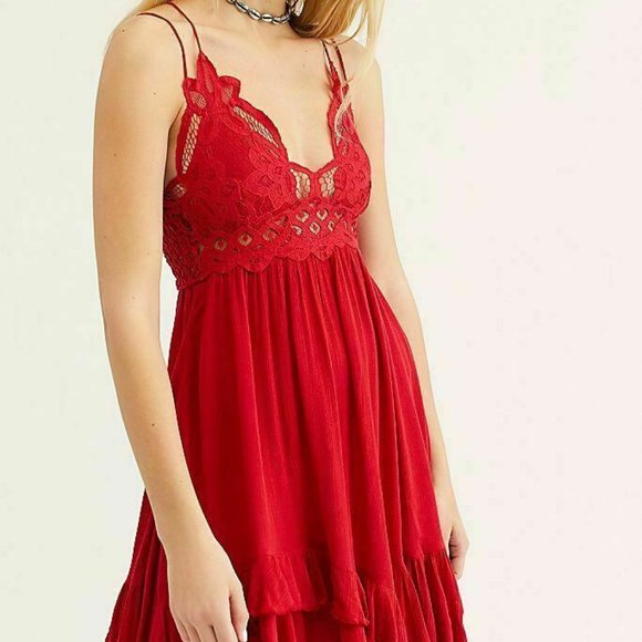 Free People Fp One Adella Slip Mini Dress Red Lace Ruffle Smocked S - Picture 1 of 3